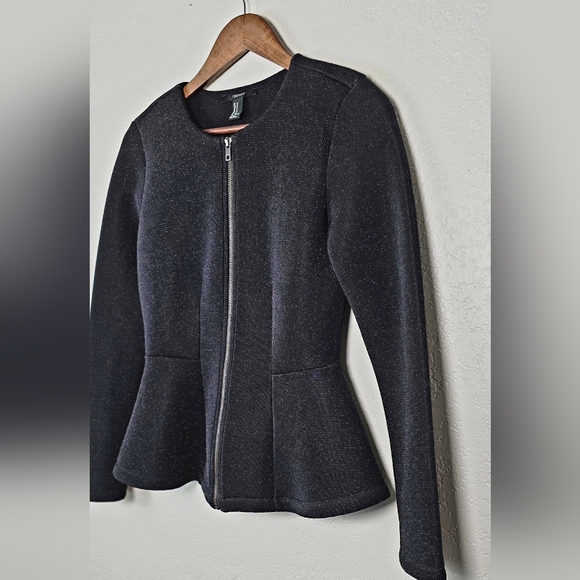 Forever 21 Dressy Black Shimmer Peplum Hem Scuba Sparkle Jacket - Size Medium - Picture 3 of 12